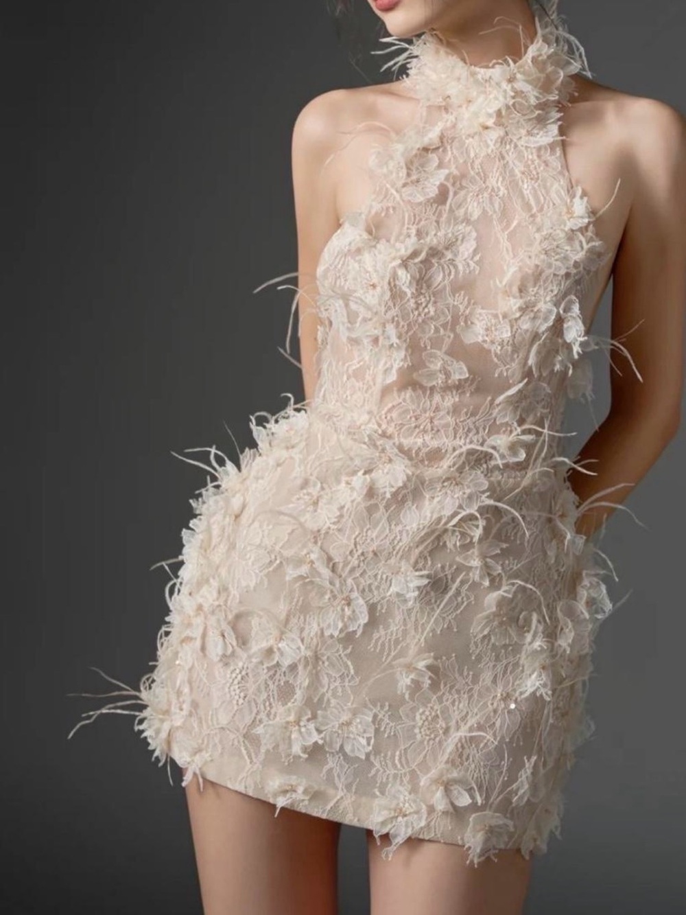 21SIX Beige Lace & Feather Halter Cocktail Dress - Picture 3 of 5
